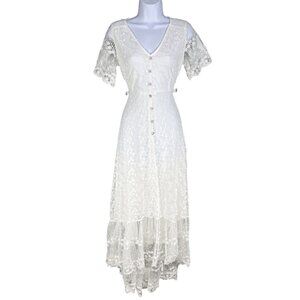 JJs House M White Lace Maxi Dress Subtle Train ButtonDetail Short Sleeve Wedding